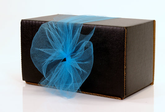 Black gift box with blue ribbon